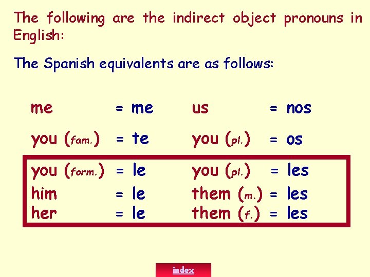 The following are the indirect object pronouns in English: The Spanish equivalents are as