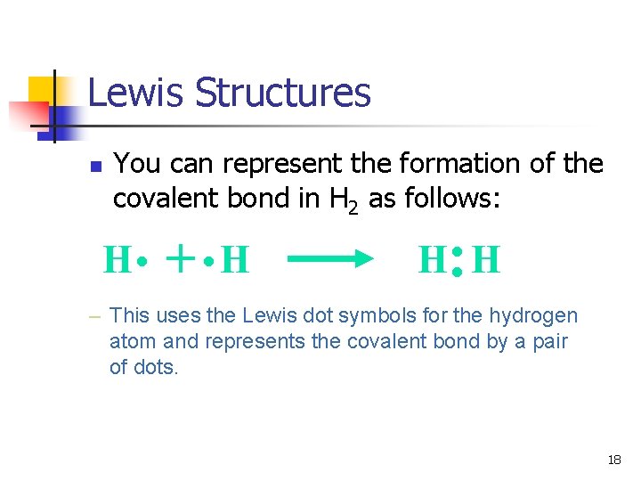 Lewis Structures n You can represent the formation of the covalent bond in H