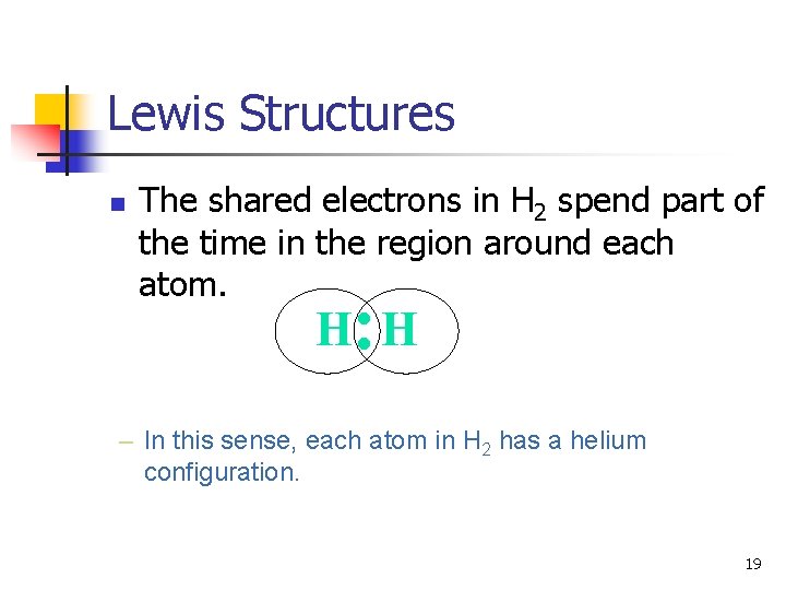 Lewis Structures n The shared electrons in H 2 spend part of the time