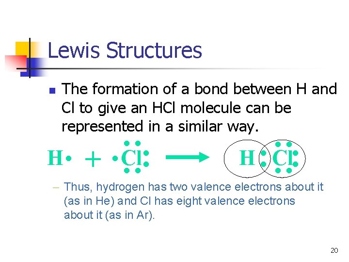 Lewis Structures n The formation of a bond between H and Cl to give