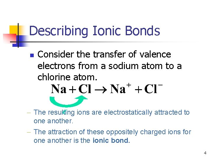 Describing Ionic Bonds n Consider the transfer of valence electrons from a sodium atom