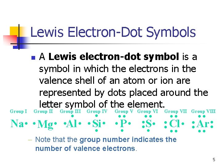 Lewis Electron-Dot Symbols n A Lewis electron-dot symbol is a symbol in which the