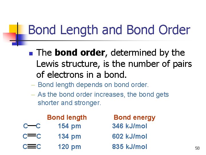 Bond Length and Bond Order n The bond order, determined by the Lewis structure,