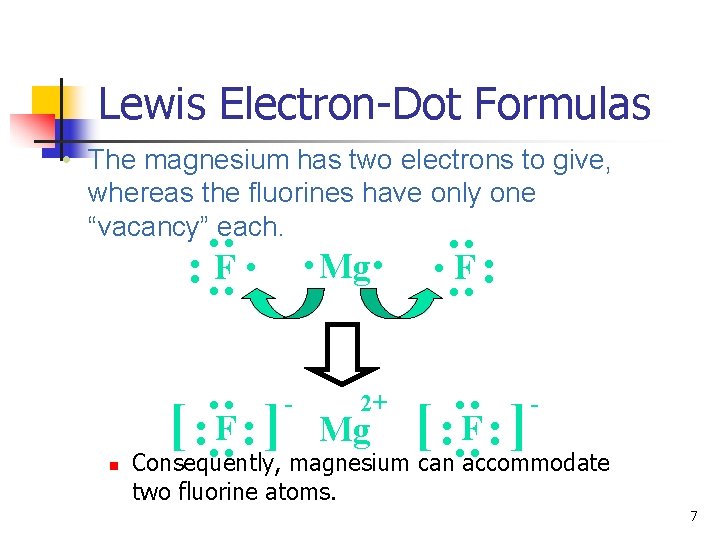 Lewis Electron-Dot Formulas • The magnesium has two electrons to give, whereas the fluorines