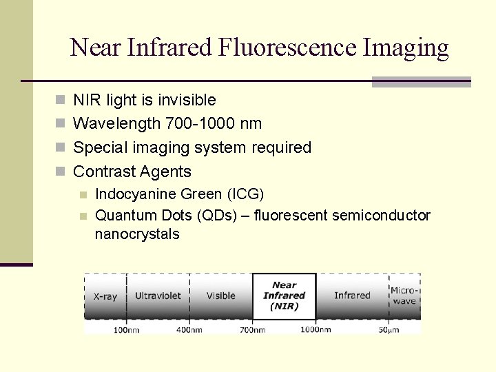 Near Infrared Fluorescence Imaging n NIR light is invisible n Wavelength 700 -1000 nm