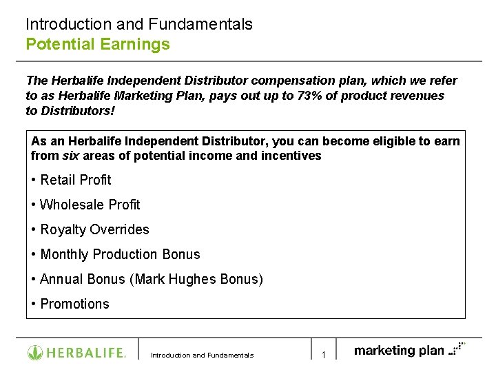 Introduction and Fundamentals Potential Earnings The Herbalife Independent Distributor compensation plan, which we refer