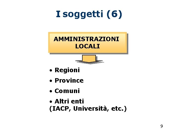 I soggetti (6) AMMINISTRAZIONI LOCALI • Regioni • Province • Comuni • Altri enti