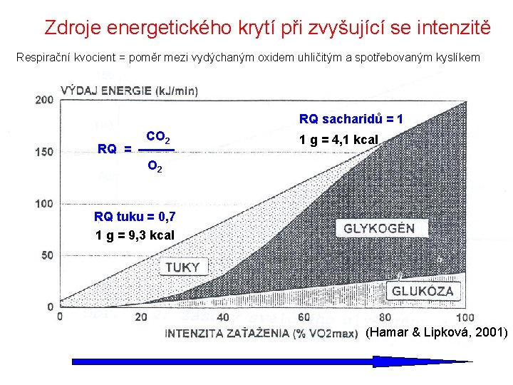 Zdroje energetického krytí při zvyšující se intenzitě Respirační kvocient = poměr mezi vydýchaným oxidem