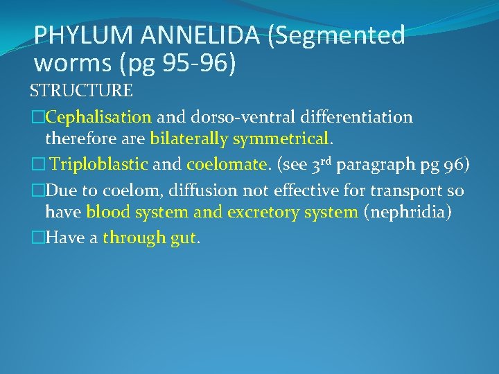 PHYLUM ANNELIDA (Segmented worms (pg 95 -96) STRUCTURE �Cephalisation and dorso-ventral differentiation therefore are