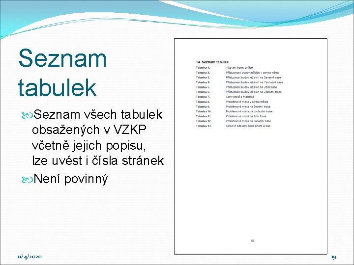Seznam tabulek Seznam všech tabulek obsažených v VZKP včetně jejich popisu, lze uvést i