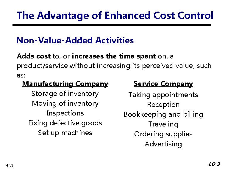 The Advantage of Enhanced Cost Control Non-Value-Added Activities Adds cost to, or increases the