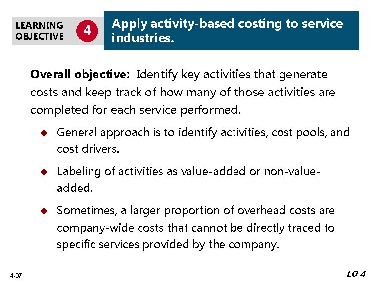 LEARNING OBJECTIVE 4 Apply activity-based costing to service industries. Overall objective: Identify key activities