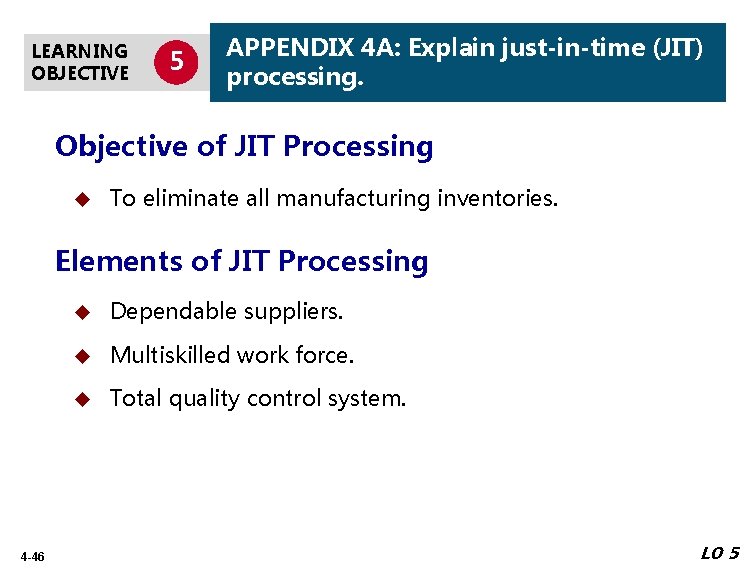 LEARNING OBJECTIVE 5 APPENDIX 4 A: Explain just-in-time (JIT) processing. Objective of JIT Processing