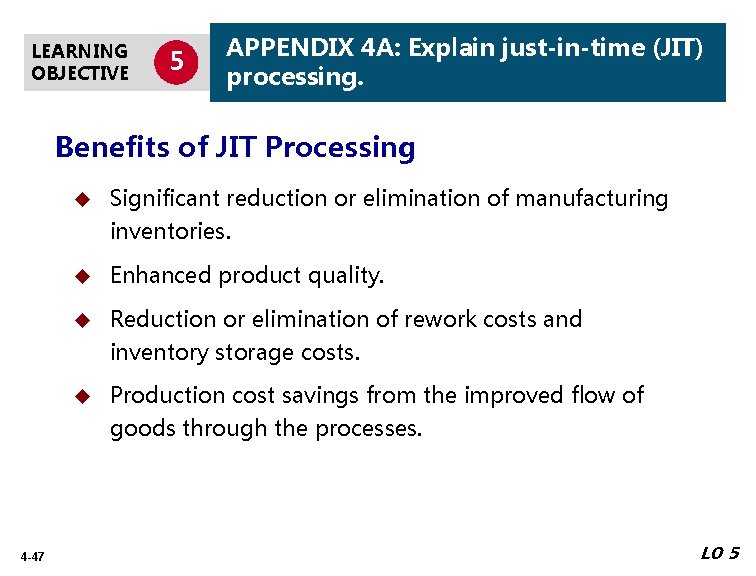 LEARNING OBJECTIVE 5 APPENDIX 4 A: Explain just-in-time (JIT) processing. Benefits of JIT Processing