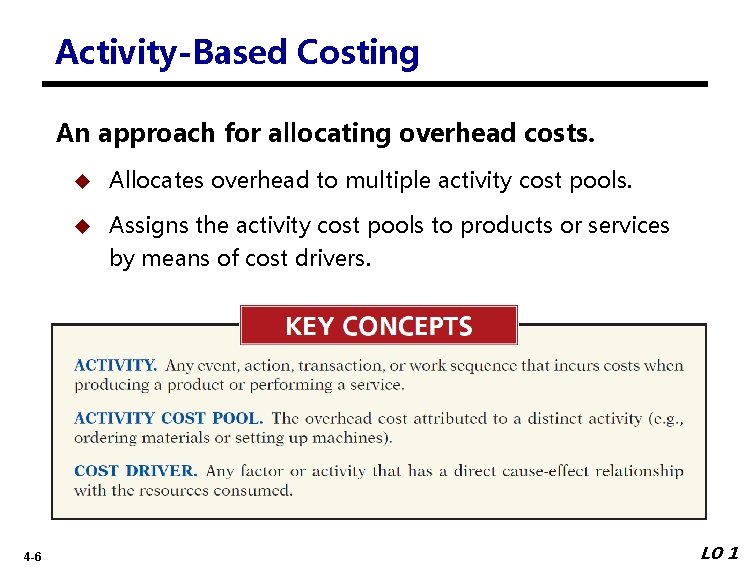 Activity-Based Costing An approach for allocating overhead costs. 4 -6 Allocates overhead to multiple
