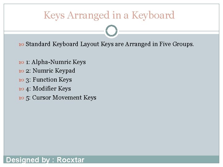 Keys Arranged in a Keyboard Standard Keyboard Layout Keys are Arranged in Five Groups.