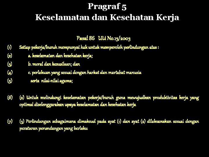 Pragraf 5 Keselamatan dan Kesehatan Kerja Pasal 86 UU No. 13/2003 (1) (2) (3)