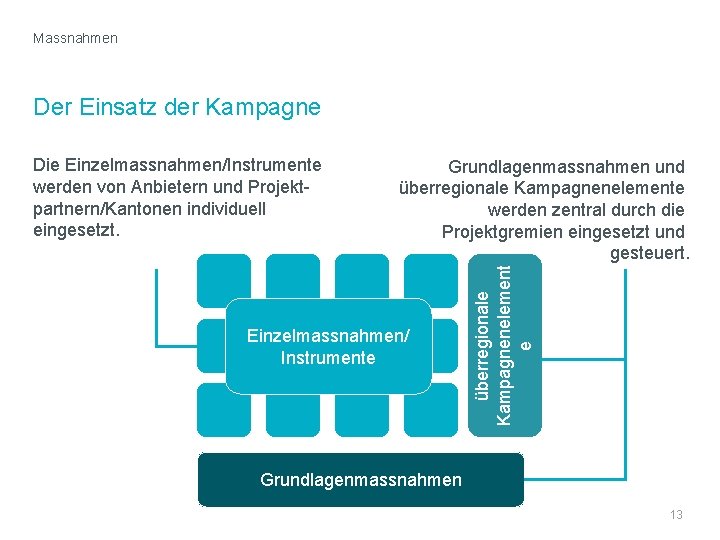 Massnahmen Der Einsatz der Kampagne Grundlagenmassnahmen und überregionale Kampagnenelemente werden zentral durch die Projektgremien