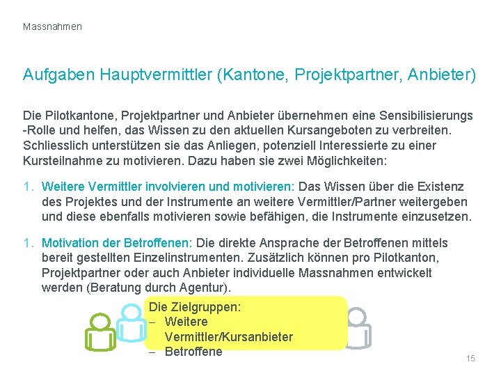 Massnahmen Aufgaben Hauptvermittler (Kantone, Projektpartner, Anbieter) Die Pilotkantone, Projektpartner und Anbieter übernehmen eine Sensibilisierungs