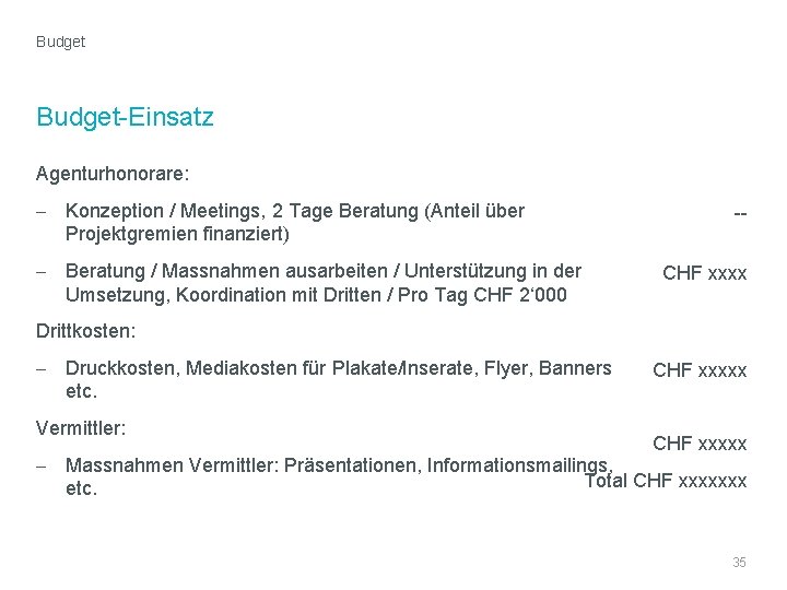 Budget-Einsatz Agenturhonorare: - Konzeption / Meetings, 2 Tage Beratung (Anteil über Projektgremien finanziert) -