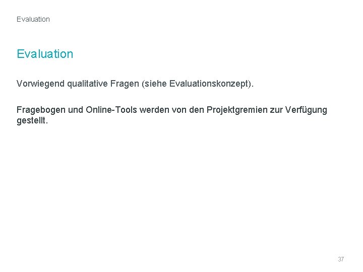 Evaluation Vorwiegend qualitative Fragen (siehe Evaluationskonzept). Fragebogen und Online-Tools werden von den Projektgremien zur