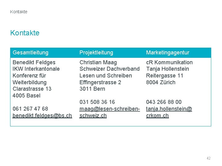Kontakte Gesamtleitung Projektleitung Marketingagentur Benedikt Feldges IKW Interkantonale Konferenz für Weiterbildung Clarastrasse 13 4005