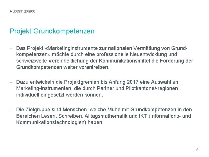 Ausgangslage Projekt Grundkompetenzen - Das Projekt «Marketinginstrumente zur nationalen Vermittlung von Grundkompetenzen» möchte durch