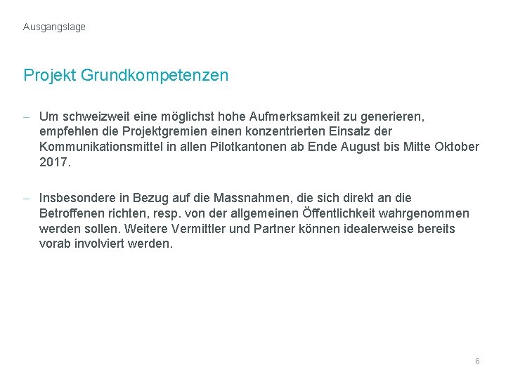 Ausgangslage Projekt Grundkompetenzen - Um schweizweit eine möglichst hohe Aufmerksamkeit zu generieren, empfehlen die