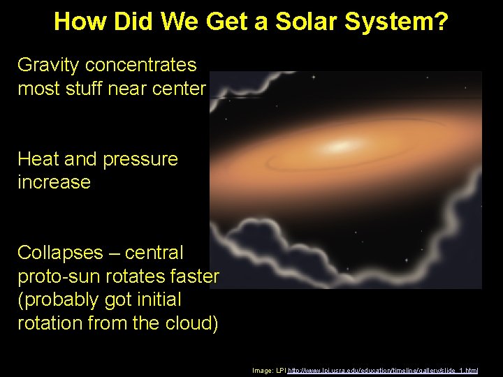 How Did We Get a Solar System? Gravity concentrates most stuff near center Heat