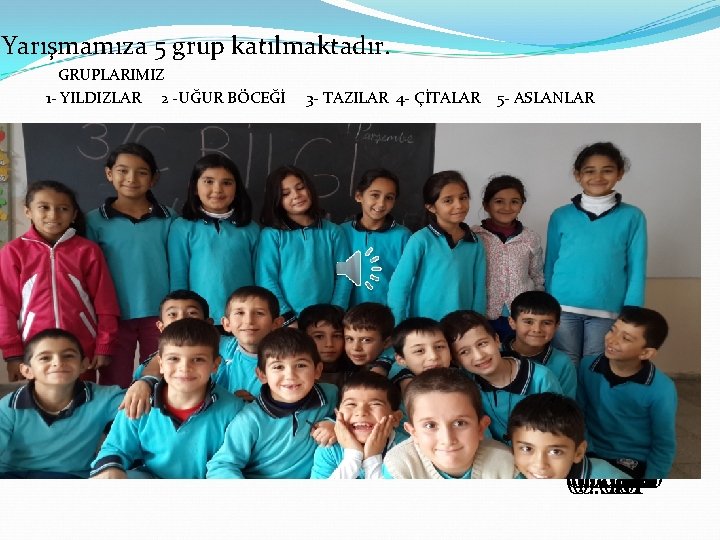Yarışmamıza 5 grup katılmaktadır. GRUPLARIMIZ 1 - YILDIZLAR 2 -UĞUR BÖCEĞİ 3 - TAZILAR
