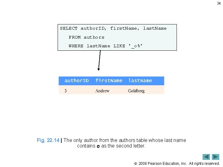 34 SELECT author. ID, first. Name, last. Name FROM authors WHERE last. Name LIKE