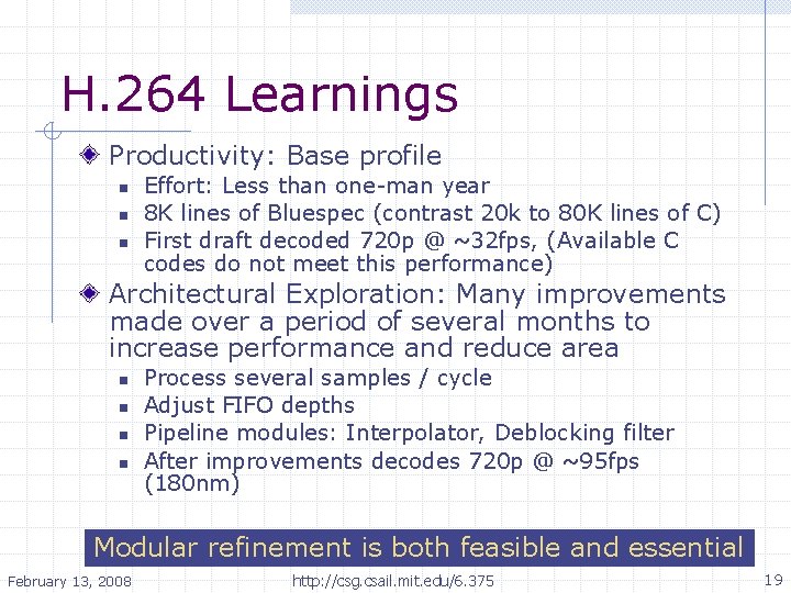 H. 264 Learnings Productivity: Base profile n n n Effort: Less than one-man year