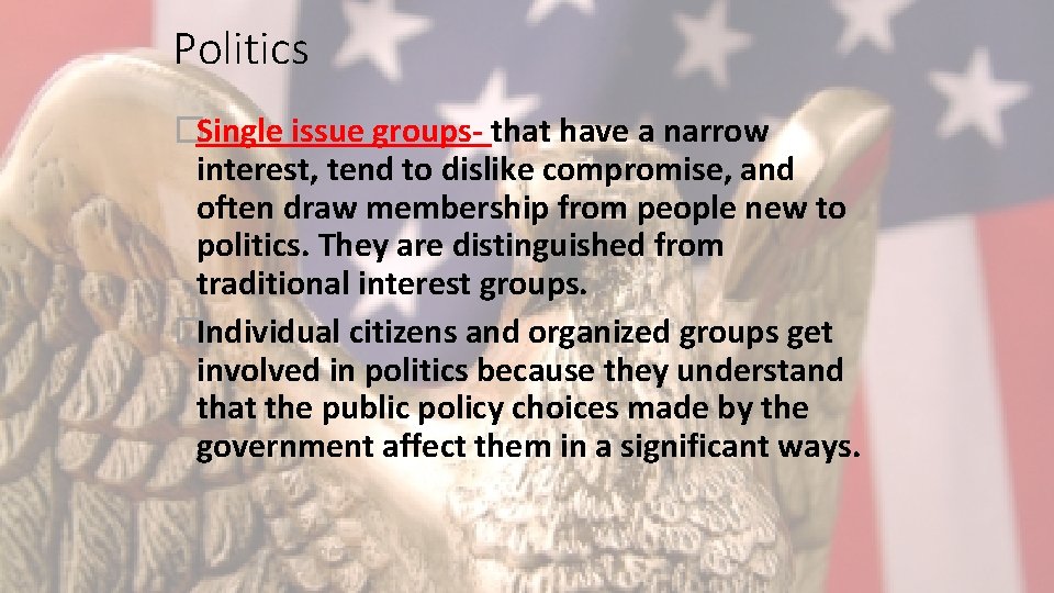 Politics �Single issue groups- that have a narrow interest, tend to dislike compromise, and