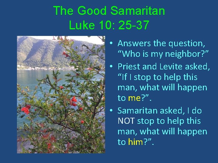 The Good Samaritan Luke 10: 25 -37 • Answers the question, “Who is my