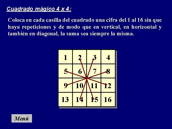 Cuadrado mágico 4 x 4: Coloca en cada casilla del cuadrado una cifra del