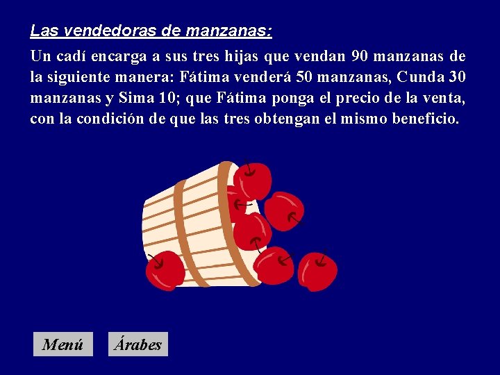 Las vendedoras de manzanas: Un cadí encarga a sus tres hijas que vendan 90