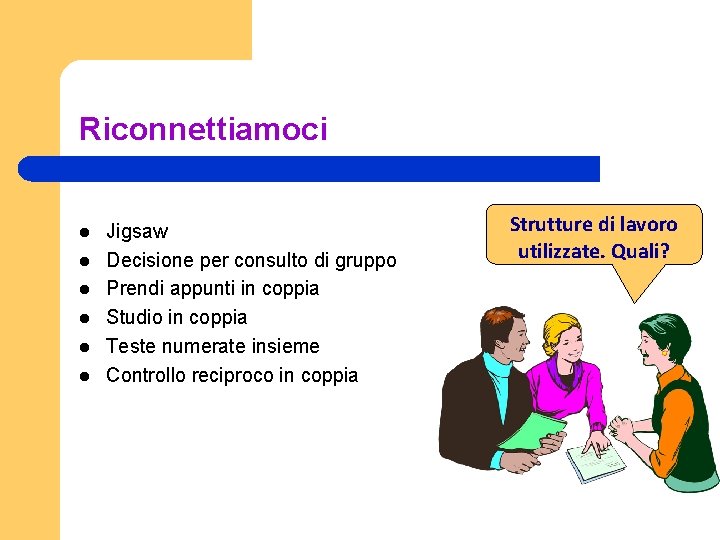Riconnettiamoci l l l Jigsaw Decisione per consulto di gruppo Prendi appunti in coppia