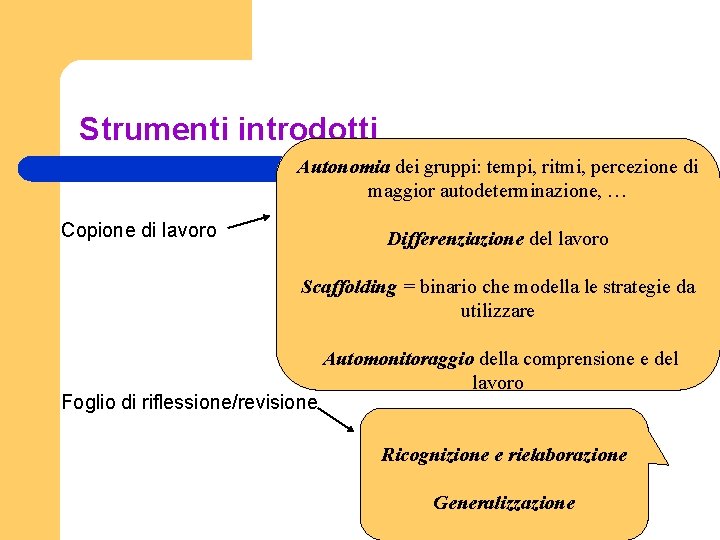 Strumenti introdotti Autonomia dei gruppi: tempi, ritmi, percezione di maggior autodeterminazione, … Copione di