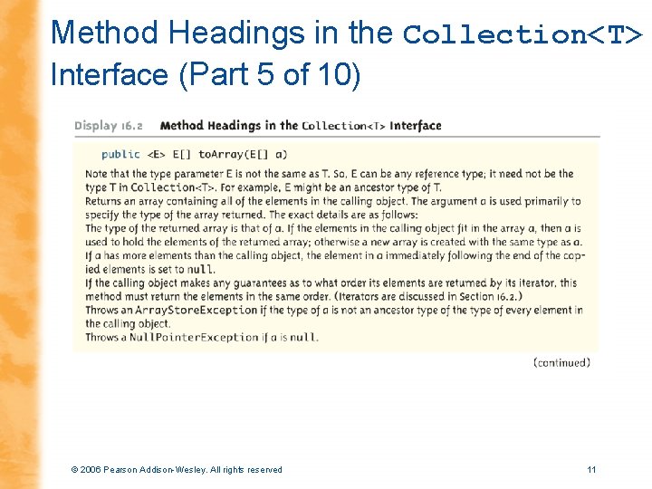 Method Headings in the Collection<T> Interface (Part 5 of 10) © 2006 Pearson Addison-Wesley.
