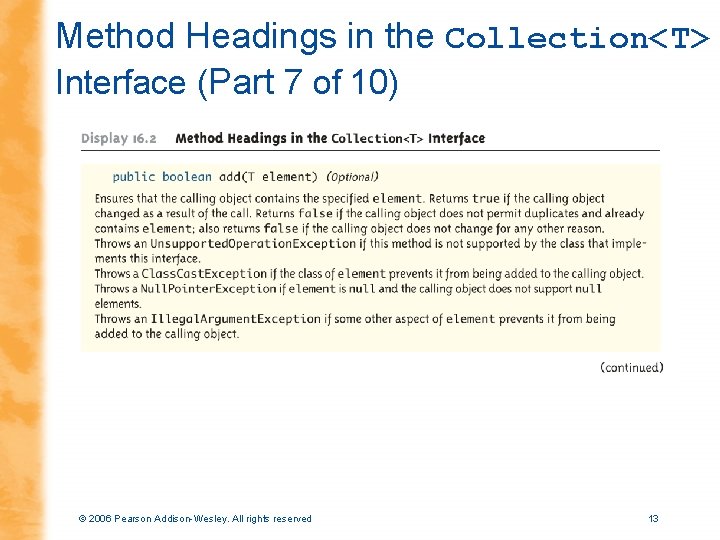 Method Headings in the Collection<T> Interface (Part 7 of 10) © 2006 Pearson Addison-Wesley.