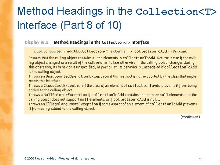 Method Headings in the Collection<T> Interface (Part 8 of 10) © 2006 Pearson Addison-Wesley.