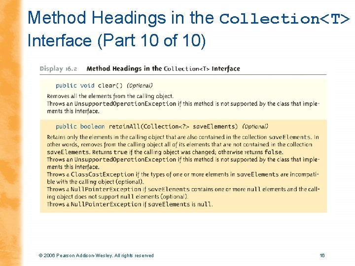 Method Headings in the Collection<T> Interface (Part 10 of 10) © 2006 Pearson Addison-Wesley.