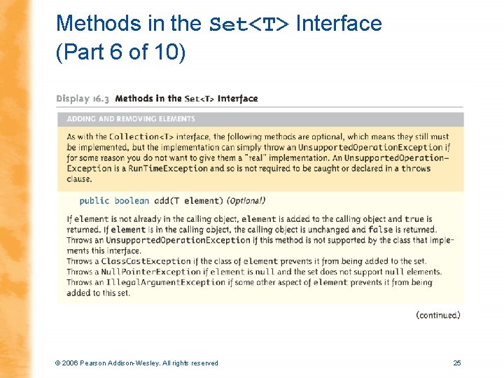 Methods in the Set<T> Interface (Part 6 of 10) © 2006 Pearson Addison-Wesley. All