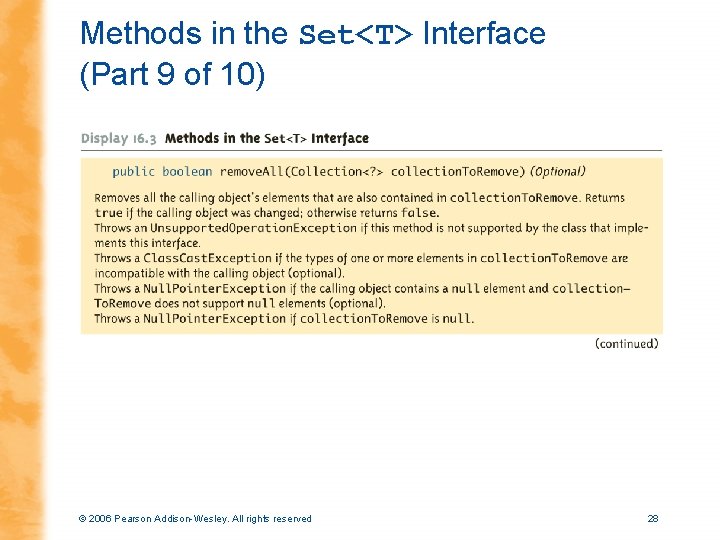 Methods in the Set<T> Interface (Part 9 of 10) © 2006 Pearson Addison-Wesley. All