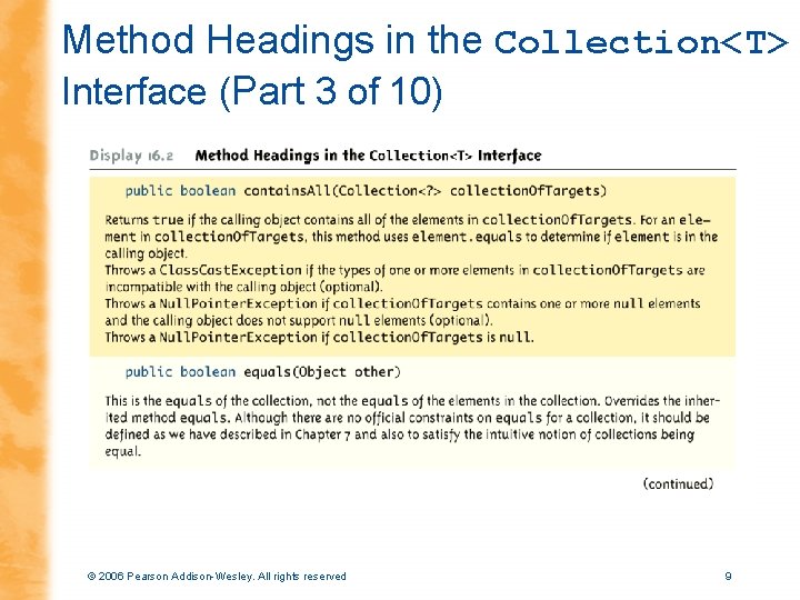 Method Headings in the Collection<T> Interface (Part 3 of 10) © 2006 Pearson Addison-Wesley.