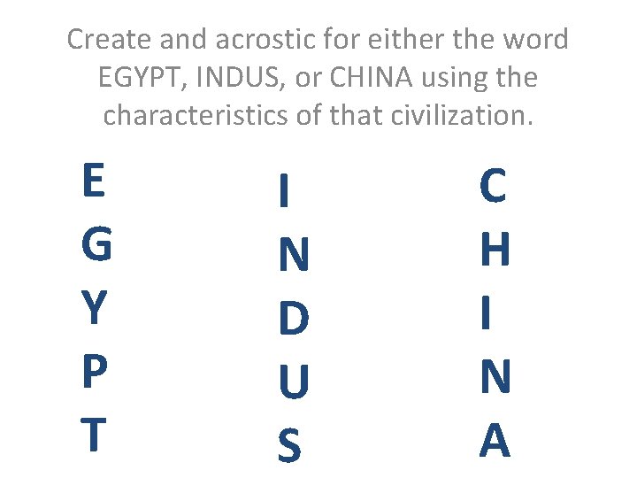 Create and acrostic for either the word EGYPT, INDUS, or CHINA using the characteristics