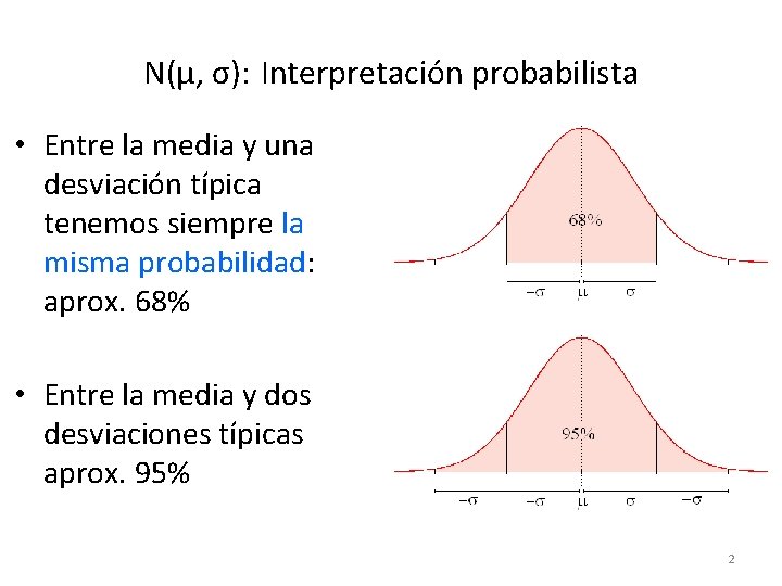 N(μ, σ): Interpretación probabilista • Entre la media y una desviación típica tenemos siempre