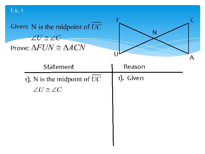 Ex. 1 Given: N Prove: U Statement 1). C F A Reason 1). Given