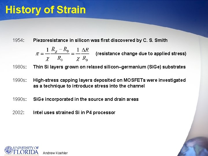 History of Strain 1954: Piezoresistance in silicon was first discovered by C. S. Smith