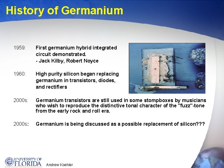 History of Germanium 1959: First germanium hybrid integrated circuit demonstrated. - Jack Kilby, Robert